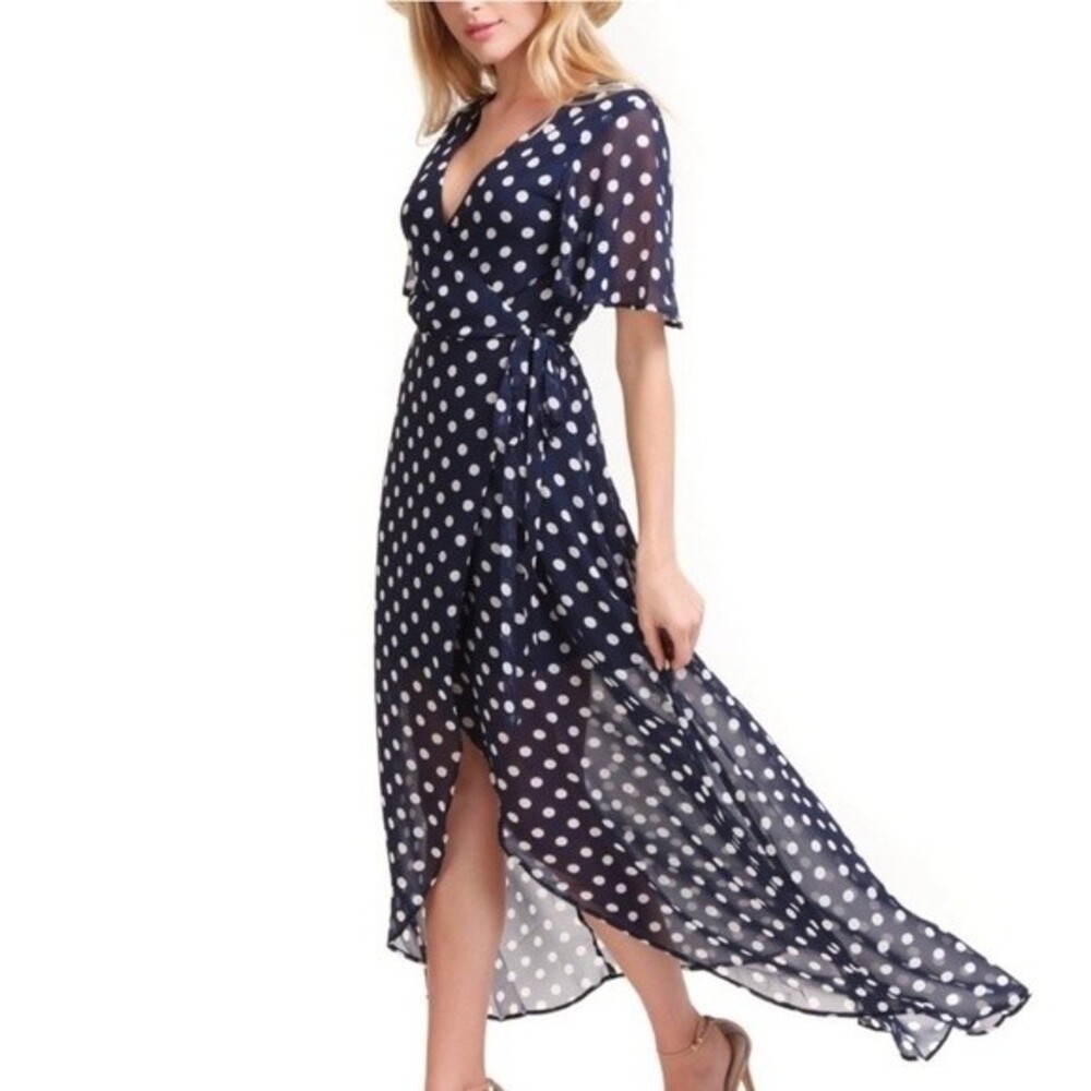 Show Me Your Mumu Long Navy and‎ white Marianne polka dot wrap dress XS